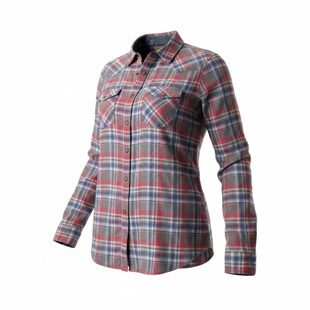 Bea Jachs Girlfriend Women Medium Pearl Snap Western Flannel Shirt Pink Grey